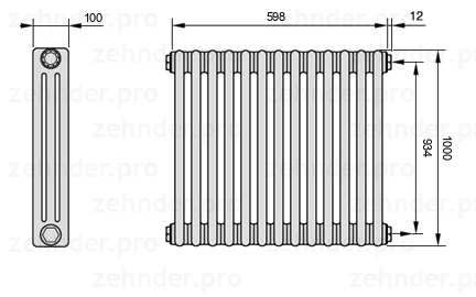 Схема (чертеж) Радиатор Zehnder Charleston 3100/13 №7610 Белый глянцевый RAL 9016
